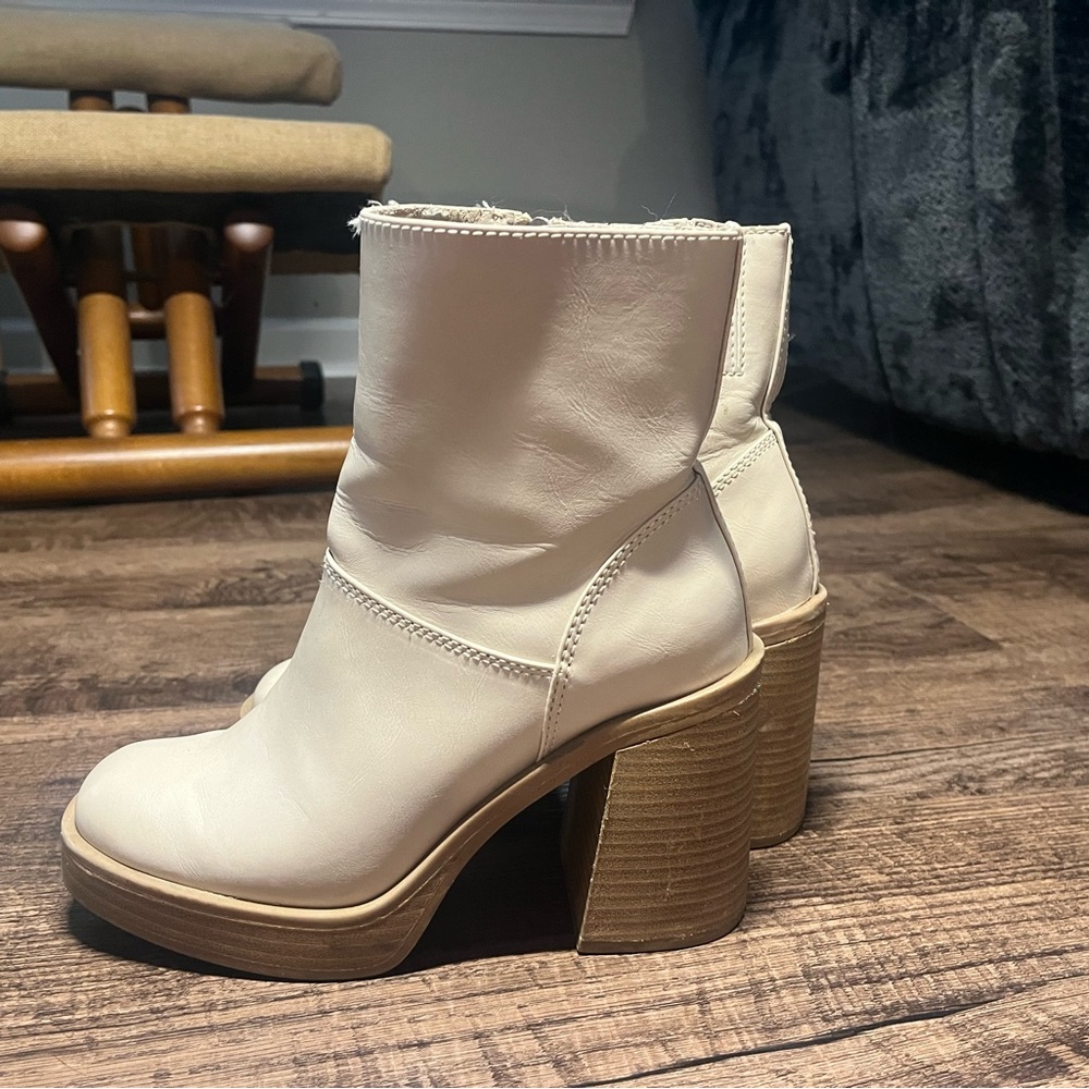 Target brand white faux leather platform booties with a wooden platform and heel